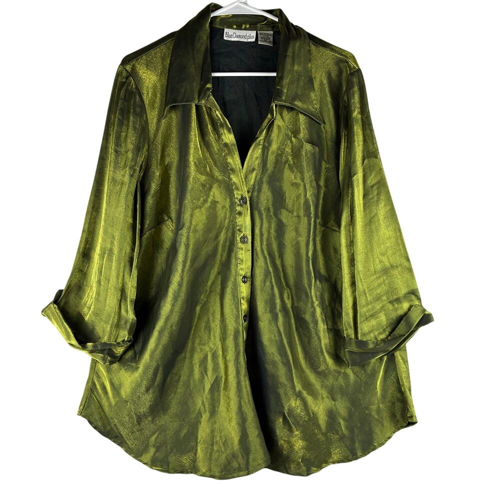 Blue Diamond Plus Button Up Blouse Women's 2X Metallic Shimmer Moss Goblin Artsy